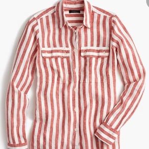 J crew linen red and white striped shirt